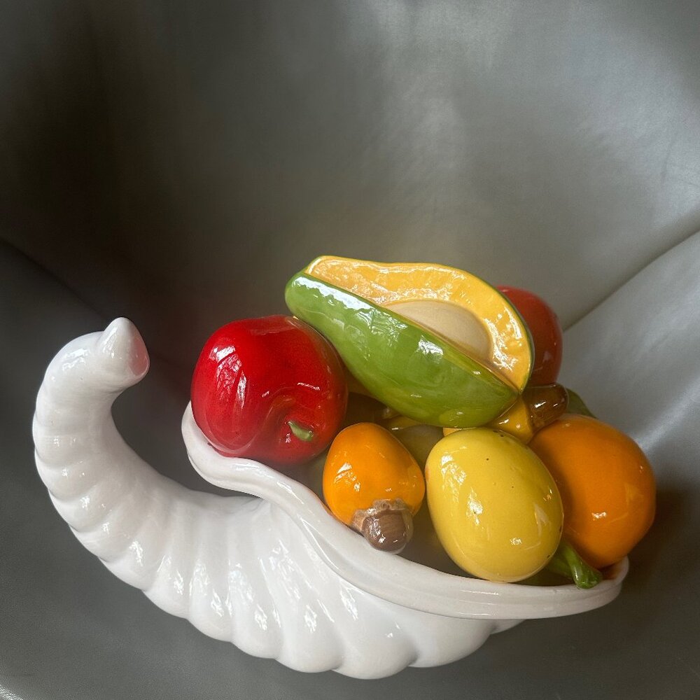 Vintage Ceramic Brilliantly Colored Sculpture. Corcucopia With Mixed Fruits